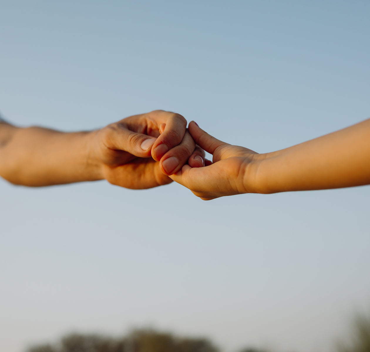Two people holding hands with blue sky in the background