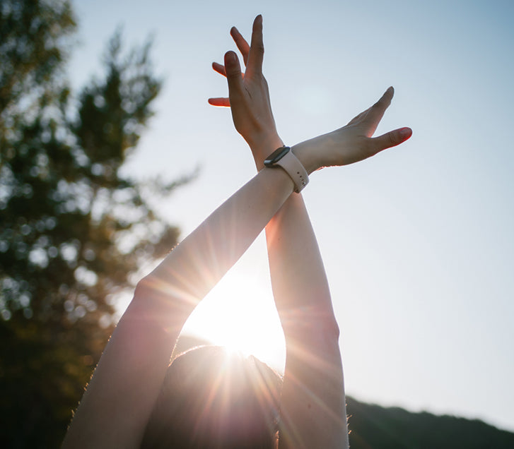 A person holding their hands in the air with sunlight shining through