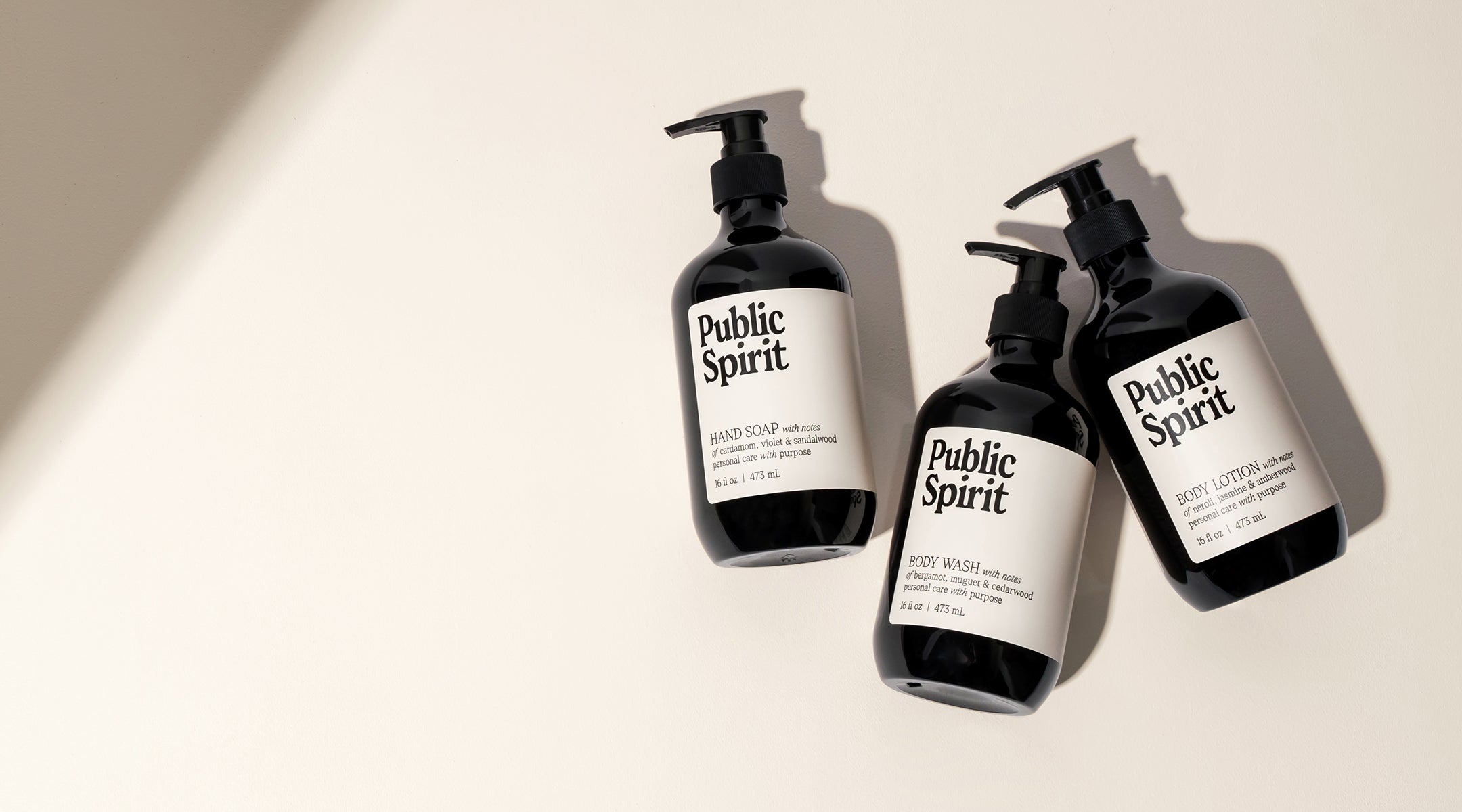 A Flat-Lay of Public Spirit Hand Soap, Body Wash and Body Lotion 